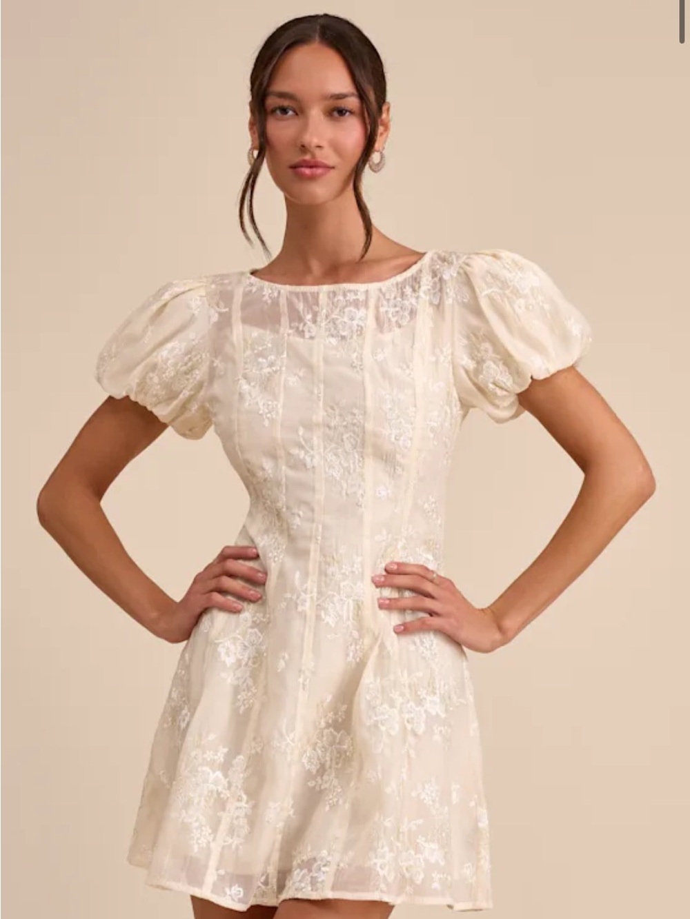 Lulu's Cream Lace Puff Sleeve Mini Wedding Dress